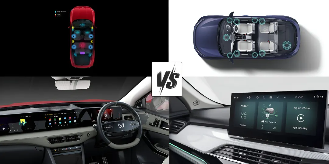 Mahindra XEV 9e vs Tata Harrier EV Features and Tech Screens vs Sound