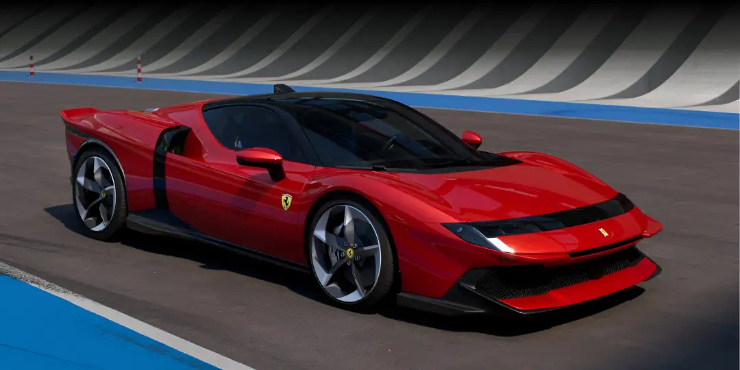 Front view of the 2026 Ferrari 849 Testarossa in Rosso Fiammante red on Indian roads
