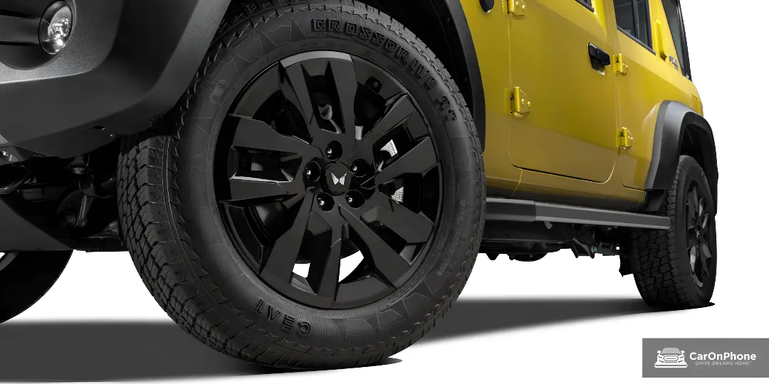 19-inch piano black alloy wheels on Mahindra Thar Roxx Star Edition