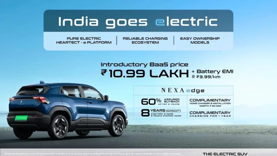 Maruti Suzuki e Vitara electric SUV in Land Breeze Green at launch event with ₹10.99 Lakh BaaS pricing display